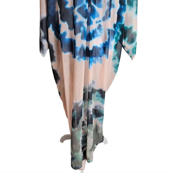 Suki So Goddess Tan Teal Tie Dye Kimono Robe OS Metallic Greek Key Coverup READ - Picture 5 of 15